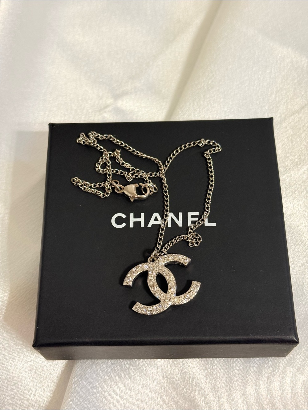 Chanel Silver Crystal CC Classic Pendant Necklace